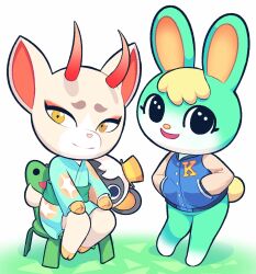  1girl 2boys animal_crossing animal_ears aqua_kimono body_fur chair deer_ears deer_girl deer_tail froggy_chair furry furry_female furry_male furry_with_furry green_fur hiding highres hooves horns jacket japanese_clothes kimono letterman_jacket monkey_boy multiple_boys niko_(animal_crossing) on_chair rabbit_boy red_horns sasha_(animal_crossing) shino_(animal_crossing) starbirbz tail yellow_fur 