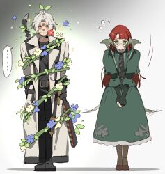  ... 1boy 1girl annoyed au_ra black_choker bound choker coat commentary crow0cc dragon_horns dress final_fantasy final_fantasy_xiv flower flying_sweatdrops glasses gradient_background green_dress green_eyes halmarut_(ff14) highres horns hyur long_hair looking_at_viewer plant red_hair round_eyewear short_hair simple_background sparkle spoken_ellipsis standing thancred_waters tied_up_(nonsexual) untranslatable_commentary v_arms vines white_coat white_hair yellow_eyes 