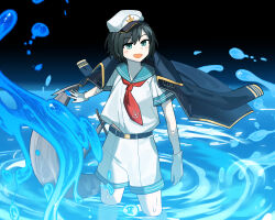  1girl anchor anchor_symbol belt black_belt black_coat coat coat_on_shoulders commentary_request gloves green_eyes green_sailor_collar hat highres hydrokinesis murasa_minamitsu necktie open_mouth red_necktie rog_33 sailor_collar sailor_hat shirt short_sleeves shorts smile solo touhou water white_gloves white_shirt white_shorts 