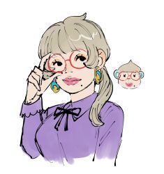  1girl adjusting_eyewear animal_crossing black_eyes black_ribbon breasts closed_mouth dancho_no_mori earrings elise_(animal_crossing) glasses grey_hair hair_over_shoulder hand_up highres humanization jewelry long_hair long_sleeves looking_to_the_side low_ponytail medium_breasts mole mole_under_mouth neck_ribbon no_sclera pink_lips ponytail red-framed_eyewear ribbon round_eyewear simple_background upper_body white_background 
