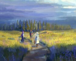  1boy 2girls axe black_skirt blue_flower blue_pants blue_scarf boots brown_boots coat double-sided_axe dy.jpeg elf fern_(sousou_no_frieren) flower frieren grey_hair highres holding holding_suitcase jacket long_hair looking_back multiple_girls nature outdoors painterly pants pine_tree pink_flower pointy_ears purple_flower purple_hair red_hair red_jacket road scarf short_hair skirt sky sousou_no_frieren standing stark_(sousou_no_frieren) suitcase tree twintails violet_eyes walking weapon weapon_on_back white_coat white_jacket 