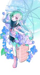  1girl :d arm_up black_sailor_collar black_skirt blonde_hair blunt_bangs boots commentary_request flower full_body hair_ornament highres holding holding_umbrella hydrangea leaf long_hair long_sleeves low_twintails miniskirt mosuroshyu natori_sana neckerchief open_mouth pink_boots pink_sweater pleated_skirt purple_flower rabbit_hair_ornament red_eyes red_neckerchief sailor_collar sana_channel school_uniform serafuku simple_background skirt smile solo standing standing_on_one_leg sweater twintails umbrella virtual_youtuber white_background 