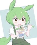  absurdres animal_ears blue_background collared_shirt commentary_request cup_noodle eating food fork green_brooch green_hair green_shorts highres holding holding_food holding_fork light_blush looking_at_food low_ponytail open_mouth outline pea_pod puffy_short_sleeves puffy_shorts puffy_sleeves shirt short_sleeves shorts simple_background steaming_food suspender_shorts suspenders tokimotoinui voicevox white_background white_outline yellow_eyes zundamon 