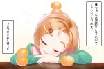  1girl aimi_material arm_rest blush food forehead fruit green_jacket head_rest idolmaster idolmaster_cinderella_girls jacket kagami_mochi mandarin_orange narration orange_hair ryuzaki_kaoru short_hair simple_background sleep_bubble sleeping smile solo translation_request white_background 