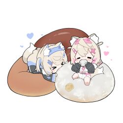  >_< 2girls =_= absurdres animal_ear_fluff animal_ears bandaid bandaid_hair_ornament barefoot belt black_coat black_jacket blonde_hair blue_hairband blush chibi coat commentary_request cropped_shirt crossed_bangs dog_ears dog_girl dog_tail eating fake_horns food fuwawa_abyssgard hair_between_eyes hair_ornament hairband hairclip heart highres hololive hololive_english horn_hairband horns jacket lying midriff mococo_abyssgard multiple_girls navel on_back on_stomach pink_belt pink_hairband shirt shorts siblings simple_background sisters snowmya tail twins white_background white_shirt white_shorts x_hair_ornament 