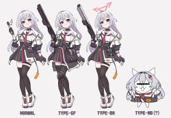 1girl bag black_choker black_gloves black_jacket black_skirt black_thighhighs blue_archive chi_lee choker full_body girls_frontline gloves grey_hair gun hair_ornament halo highres holding holding_gun holding_microphone holding_weapon indie_virtual_youtuber jacket kannagi_tenri knee_guards long_hair microphone multicolored_jacket neckerchief open_clothes open_jacket red_eyes red_neckerchief sailor_collar shirt shoes shoulder_bag simple_background skirt smile standing thigh-highs virtual_youtuber weapon white_background white_jacket white_sailor_collar white_shirt white_shoes 