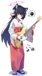  1girl animal_ear_fluff animal_ears black_hair blue_archive blush cat_ears closed_mouth corrupted_twitter_file datemegane eighth_note flat_chest guitar hair_tubes hakama halo highres holding holding_guitar holding_instrument instrument japanese_clothes kimono long_hair long_sleeves musical_note ponytail red_eyes red_hakama sandals serika_(blue_archive) serika_(new_year)_(blue_archive) simple_background single_hair_tube socks solo spoken_squiggle squiggle standing sweatdrop tabi white_background white_kimono white_socks 