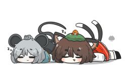  3girls :3 animal_ears arthropod_girl black_skirt brown_hair cat_ears cat_girl cat_tail chen closed_mouth crab_girl crab_on_head deformed green_hat grey_hair hat highres long_sleeves lying medium_hair mouse_(animal) mouse_ears mouse_tail multiple_girls multiple_tails on_stomach open_mouth red_skirt shirt simple_background skirt sleeping smile solo tail toramaru_shou touhou uni_souchou white_background white_shirt zzz 