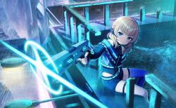  1girl ahoge bare_shoulders blonde_hair blue_eyes blue_jacket blue_thighhighs building closed_mouth commentary_request fingerless_gloves game_asset gloves glowing gun highleg highres holding holding_gun holding_weapon holographic_interface jacket letterboxed long_hair long_sleeves looking_at_viewer motosu_towa non-web_source official_art outdoors pillarboxed ponytail rain self-datamine shorts single_thighhigh skyscraper smile solo sword thigh-highs thigh_strap twintails virtual_youtuber weapon world_dai_star 