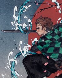  1boy black_haori black_pants brown_hair checkered_haori earrings from_side green_haori hanafuda_earrings haori japanese_clothes jewelry kamado_tanjirou katana kelogsloops kimetsu_no_yaiba painting_(medium) pants scar scar_on_face scar_on_forehead short_hair solo sword traditional_media two-tone_haori watercolor_(medium) weapon 