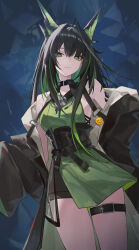  1girl absurdres ahoge animal_ears arknights backless_dress backless_outfit bare_legs belt_collar black_coat black_hair black_sash black_shorts blue_background broken_glass coat collar colored_inner_hair commentary cowboy_shot dress eyeliner glass green_dress green_eyes green_hair hair_intakes highres huge_ahoge long_hair looking_at_viewer looking_down makeup material_growth mon3tr_(arknights) multicolored_hair off_shoulder open_clothes open_coat oripathy_lesion_(arknights) red_eyeliner sash shorts shorts_under_dress side_slit sideways_glance sleeveless sleeveless_dress smiley_face solo stethoscope stethoscope_around_neck straight_hair streaked_hair thigh_strap two-sided_coat two-sided_fabric xuegao_ice 