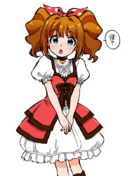  1girl :o aqua_eyes brown_choker choker commentary_request cosplay dress feet_out_of_frame hair_intakes heart heart_choker highres idolmaster idolmaster_(classic) idolmaster_million_live! looking_at_viewer naruse_ill open_mouth orange_hair puffy_short_sleeves puffy_sleeves red_dress short_sleeves simple_background solo speech_bubble standing takatsuki_yayoi tokugawa_matsuri tokugawa_matsuri_(cosplay) twintails white_background white_dress 