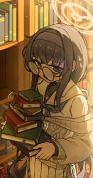  1girl @_@ absurdres black_hair black_shirt blue_archive blue_eyes blue_neckerchief book book_stack bookshelf cardigan commentary_request eyewear_strap glasses gloom_(expression) hairband halo highres holding holding_book indoors long_hair long_sleeves looking_at_viewer motion_lines munbinggu neckerchief off_shoulder open_mouth raised_eyebrows round_eyewear sailor_collar shirt shirt_under_shirt sidelocks skirt solo standing ui_(blue_archive) white_shirt white_skirt 