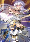  absurdres armor betabetamaru blue_eyes blue_hair book brother_and_sister cape dress fighting fighting_stance fire_emblem fire_emblem:_genealogy_of_the_holy_war highres julia_(fire_emblem) knight magic ponytail purple_hair red_eyes seliph_(fire_emblem) shoulder_armor siblings sword weapon witch 
