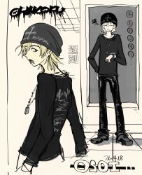  1boy absurdres beanie black_hat black_pants black_shirt black_shoes blonde_hair closed_eyes closed_mouth commentary_request cross cross_print face_piercing full_body hair_between_eyes hand_on_own_hip hat highres jewelry lip_piercing long_sleeves looking_at_viewer looking_back male_focus necklace open_mouth original pants piercing shirt shoes short_hair snakebite_(piercing) squiggle standing touma_(the_ba97) watch watch 