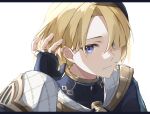  1boy adjusting_hair androgynous black_gloves black_headwear blonde_hair blue_eyes closed_mouth fingerless_gloves freckles freminet_(genshin_impact) genshin_impact gloves hair_over_one_eye hand_up highres kottone_8 long_sleeves looking_at_viewer male_focus partially_fingerless_gloves portrait short_hair simple_background solo white_background 