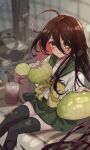  1girl ahoge alastor_(shakugan_no_shana) black_thighhighs bow bowtie bread brown_eyes brown_hair cup drink drinking_glass eating feet_out_of_frame food green_sailor_collar green_skirt hair_between_eyes highres jewelry long_hair melon_bread misaki_high_school_uniform mizoredama1 necklace redhead sailor_collar sailor_shirt school_uniform serafuku shakugan_no_shana shana shirt skirt smile solo thigh-highs white_shirt yellow_bow yellow_bowtie 