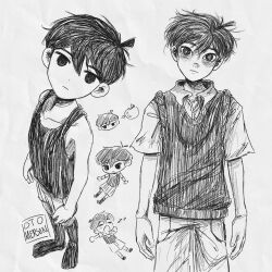  2boys antenna_hair apple arrow_(symbol) artist_name chibi closed_mouth collarbone collared_shirt commentary double-parted_bangs dual_persona english_commentary food fruit greyscale hair_between_eyes highres kneehighs looking_at_viewer male_focus monochrome multiple_boys omori omori_(omori) otomerson shirt short_sleeves shorts simple_background socks striped_clothes striped_shorts sunny_(omori) sweater_vest tank_top vertical-striped_clothes vertical-striped_shorts 