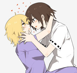  2girls ahoge blonde_hair blush breasts brown_eyes brown_hair collared_dress collared_shirt commentary_request dress hand_in_another's_hair hand_on_another's_head highres imminent_kiss maribel_hearn medium_hair missing_headwear multiple_girls open_mouth purple_dress ribbon-trimmed_sleeves ribbon_trim rog_33 shirt short_sleeves touhou upper_body usami_renko white_background white_shirt yellow_eyes yuri 