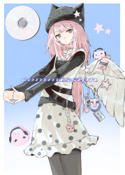  1girl absurdres angel_wings animal_hat askeladd6713 belt black_belt black_hat black_pantyhose black_shirt blue_background border camera cat cat_charm cat_hat charm_(object) chinese_commentary commentary_request commission cowboy_shot disc dress expressionless fashion gradient_background grey_eyes hat hat_ornament highres interlocked_fingers layered_clothes long_hair long_sleeves looking_at_viewer original outside_border outstretched_arms pantyhose pink_hair polka_dot polka_dot_dress shirt sidelocks solo star_(symbol) star_hat_ornament stretching very_long_hair white_border white_dress wing_ornament wings wishcore 