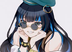  blue-tinted_eyewear bracer colored_inner_hair eyeliner facepaint fate/grand_order fate_(series) green_headwear jewelry looking_over_eyewear makeup multicolored_hair neck_ring round_eyewear sunglasses tenochtitlan_(fate) tinted_eyewear 