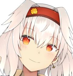  1girl anchor_earrings blush brown_shoes closed_mouth collared_shirt commentary_request earrings grey_hair hair_between_eyes hair_intakes hairband jewelry long_hair looking_at_viewer nyaha original portrait red_eyes red_hairband shirt shoes simple_background smile solo white_background 