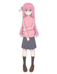  1girl :/ black_socks blue_eyes blush bocchi_the_rock! brown_shoes commentary_request cube_hair_ornament full_body gotoh_hitori grey_skirt hair_between_eyes hair_ornament highres jacket kneehighs loafers long_hair long_sleeves looking_at_viewer mimori_(mimori_05) one_side_up pink_hair pink_jacket pleated_skirt school_uniform shoes shuka_high_school_uniform sidelocks simple_background skirt socks solo standing track_jacket very_long_hair white_background 