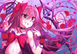 1girl 966982 :p ahoge black_leotard blood blood_on_face blood_on_hand blush bow choker colored_blood commentary_request dead_apostle_noel_(tsukihime) dress_bow floating_hair flower hair_between_eyes hair_bow highres leotard melty_blood melty_blood:_type_lumina mystic_eyes_of_roses noel_(tsukihime) pink_blood pink_bow plant polearm red_eyes rose sidelocks smile solo spear thorns tongue tongue_out tsukihime tsukihime_(remake) two_side_up upper_body vampire vines wavy_hair weapon 