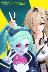  2girls absurdres black_jacket blue_skin breasts brown_hair collarbone colored_skin commentary crossover cyberpunk_(series) earrings english_commentary green_eyes hair_between_eyes hair_ornament hairclip headphones headphones_around_neck highres jacket jewelry konjikitenshi large_breasts long_hair looking_at_viewer lynae_(wuthering_waves) multicolored_eyes multiple_girls one_eye_closed open_mouth pink_eyes rebecca_(cyberpunk) shirt skull_hair_ornament smile teeth tongue twintails white_shirt wuthering_waves 