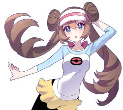  1girl black_pantyhose blue_eyes blush breasts brown_hair collarbone donut_hair_bun double_bun hair_bun hat highres long_hair looking_at_viewer open_mouth pantyhose pantyhose_under_shorts poke_ball_print pokemon pokemon_black_2_and_white_2 raglan_sleeves rosa_(pokemon) shirt shocho_(shaojiujiu) shorts simple_background solo twintails visor_cap white_background yellow_shorts 