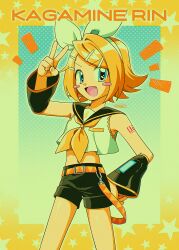  1girl belt black_sailor_collar black_shorts blonde_hair blue_eyes bow breasts commentary_request detached_sleeves fang hair_bow hair_ornament hairclip highres kagamine_rin looking_at_viewer menma_(enaic31) neckerchief number_tattoo open_mouth parallel_hairclips sailor_collar short_hair shorts small_breasts tattoo treble_clef v vocaloid white_bow yellow_belt yellow_nails yellow_neckerchief yellow_trim 
