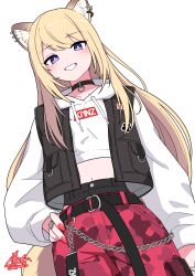  1girl animal_ear_piercing animal_ears black_choker black_vest blonde_hair choker commentary cropped_hoodie dog_ears dog_girl dog_tail grin hand_on_own_hip highres hood hoodie kmnz lita_(kmnz) long_hair looking_at_viewer midriff negiponzu open_clothes open_vest pants red_pants signature simple_background smile solo tail twitter_username vest violet_eyes virtual_youtuber white_background white_hoodie 