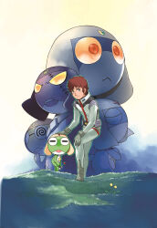  alien amuro_ray black_eyes boots brown_hair dororo_(keroro_gunsou) frog giroro glasses gloves gundam hat headphones highres keroro keroro_gunsou kururu_(keroro_gunsou) mask mouth_mask ninja_mask official_art scar scar_on_face short_hair spacesuit star_(symbol) tadpole tamama yoshizaki_mine 