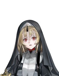  1girl another_eden another_eden_art_team black_dress blonde_hair breasts dress eleanor_(another_eden) juliet_sleeves large_breasts large_variant_set long_sleeves low_ponytail lowres nun nun_headdress official_art open_mouth ponytail puffy_sleeves raised_inner_eyebrows red_eyes sidelocks simple_background solo tachi-e third-party_source transparent_background upper_body variant_set 