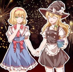  2girls alice_margatroid apron black_skirt black_vest blonde_hair blue_dress blush bow braid check_commentary chinese_commentary closed_eyes commentary_request contrast_collar dress fireworks frilled_apron frilled_dress frilled_neckerchief frilled_shirt_collar frills green_bow green_eyes hair_bow hairband hat hat_bow highres holding holding_hands kirisame_marisa lantern_festival long_hair multiple_girls neckerchief night nymphus object_request open_mouth puffy_short_sleeves puffy_sleeves red_bow red_hairband red_neckerchief red_sash sash shirt short_hair short_sleeves single_braid skirt standing thigh-highs touhou vest waist_apron waist_bow white_apron white_bow white_shirt white_thighhighs witch_hat yuri 
