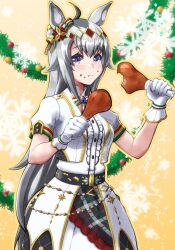 1girl ahoge animal_ears blue_eyes blush bow bowtie breasts center_frills chicken_(food) chicken_leg closed_mouth commentary_request eating food food_on_face frills gloves grey_hair grey_tail hair_ornament highres holding holding_food horse_ears horse_girl horse_tail jacket long_hair looking_at_viewer multicolored_bow multicolored_bowtie multicolored_ribbon musan_(mu34mi) official_alternate_costume oguri_cap_(ashen_miracle)_(umamusume) oguri_cap_(umamusume) ribbon shirt short_sleeves snowflakes solo tail turkey_(food) umamusume white_gloves white_jacket white_shirt 