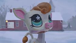  brown_hair building cow flower-shaped_pupils highres littlest_pet_shop lps_cow_877 no_humans outdoors snow solo starpaw0007 symbol-shaped_pupils tail upper_body white_fur 