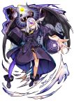  1girl absurdres ahoge ankle_cuffs ascot black_horns braid braided_bangs collar demon_girl demon_wings grey_hair highres hololive horns la+_darknesss la+_darknesss_(1st_costume) long_hair metal_collar multicolored_hair pointy_ears purple_hair purple_thighhighs single_thighhigh sleeves_past_fingers sleeves_past_wrists streaked_hair striped_horns thigh-highs virtual_youtuber wings yatoifumi yellow_ascot yellow_eyes 