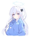  1girl blue_archive blue_halo blue_hoodie blush braid closed_mouth foulo_paints grey_hair hair_between_eyes halo highres hood hoodie long_hair long_sleeves looking_at_viewer miyako_(blue_archive) one_side_up simple_background solo upper_body violet_eyes white_background 
