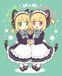  2girls :3 animal_ear_headphones animal_ears apron black_dress black_footwear blonde_hair blue_archive blue_ribbon blush cat_ear_headphones cat_ears cat_tail closed_mouth commentary dress fake_animal_ears fake_tail frilled_apron frills full_body green_background green_eyes green_halo halo headphones holding_hands interlocked_fingers long_sleeves looking_at_viewer maid maid_apron maid_headdress midori_(blue_archive) midori_(maid)_(blue_archive) momoi_(blue_archive) momoi_(maid)_(blue_archive) multiple_girls neck_ribbon onyhakase pantyhose pink_eyes pink_halo puffy_long_sleeves puffy_sleeves ribbon shoes short_hair short_twintails siblings simple_background sisters smile standing star_(symbol) tail twins twintails white_apron white_pantyhose 
