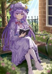  1girl blue_bow blue_sky book boots bow capelet closed_mouth commentary_request crescent crescent_hat_ornament crossed_legs day dress hair_bow hat hat_ornament highres holding holding_book knee_boots long_hair long_sleeves looking_at_viewer mob_cap neck_ribbon on_bench open_book outdoors patchouli_knowledge pink_boots pink_capelet pink_hat red_ribbon ribbon sitting sky solo striped_clothes striped_dress touhou tree vertical-striped_clothes vertical-striped_dress very_long_hair violet_eyes yuki_(snowmaiden) 