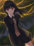  1girl amagami arms_behind_back ayatsuji_tsukasa black_eyes black_hair black_jacket black_ribbon black_sailor_collar black_skirt blazer christmas_lights christmas_tree closed_mouth collared_shirt highres jacket kibito_high_school_uniform leaning_forward long_hair long_sleeves looking_at_viewer neck_ribbon open_clothes open_jacket pleated_skirt ribbon sailor_collar school_uniform shirt skirt solo standing straight_hair sweater_vest takenoko_saba_otto white_shirt yellow_sweater_vest 