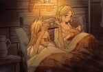  1boy 1girl bed bedroom blanket blonde_hair book book_stack braid chinese_commentary commentary_request crown_braid earrings green_eyes highres holding holding_book indoors jewelry jug_(bottle) lantern link long_hair long_sleeves mouyi nightgown nightstand on_bed open_book pillow pointy_ears princess_zelda reading scar scar_on_arm shared_blanket sheikah_slate shelf shirt short_hair smile table the_legend_of_zelda the_legend_of_zelda:_tears_of_the_kingdom under_covers white_nightgown white_shirt wooden_table wooden_wall 