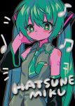  1girl black_background blush_stickers breast_pocket character_name closed_mouth commentary detached_sleeves eyelashes frilled_shirt_collar frills green_eyes green_hair grey_shirt hatsune_miku highres looking_at_viewer menma_(enaic31) musical_note necktie_in_pocket pocket shirt shoulder_tattoo simple_background solo tattoo twintails upper_body vocaloid 