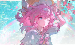  1girl absurdres blue_eyes breasts brown_hat chinese_commentary commentary_request cyrene_(honkai:_star_rail) cyrene_(philia093)_(honkai:_star_rail) falling_petals hairband hat highres honkai:_star_rail honkai_(series) medium_hair multicolored_hair one_eye_closed petals pink_hair shirt small_breasts solo two-tone_hair upper_body white_hair white_hairband white_shirt zhui_ming_jin_ge 