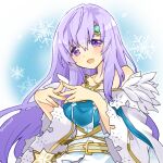  1girl alternate_costume dress fire_emblem fire_emblem:_genealogy_of_the_holy_war fire_emblem_heroes gem jewelry julia_(fire_emblem) julia_(resplendent)_(fire_emblem) long_hair necklace official_alternate_costume open_mouth own_hands_clasped own_hands_together purple_hair simple_background solo violet_eyes yukia_(firstaid0) 