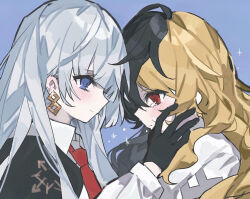  2girls arcaea black_gloves black_hair black_jacket blonde_hair blue_background blue_eyes blue_hair blush collared_shirt commentary crying crying_with_eyes_open earrings gelato1014 gloves hand_on_another's_cheek hand_on_another's_face insight_(arcaea) jacket jewelry maya_(arcaea) multicolored_hair multiple_girls necktie red_eyes red_necktie shirt simple_background sketch smile sparkle split-color_hair tears unfinished white_shirt 