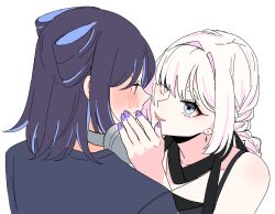  2girls absurdres black_dress blue_eyes blue_hair blue_shirt blue_streaks cho_kaguya-hime! cone_hair_bun dress hair_bun hair_ornament highres hinagi_(fox_priest) multicolored_hair multiple_girls nail_polish open_mouth pink_streaks purple_nails runami_yachiyo sakayori_iroha shirt sleeveless sleeveless_dress streaked_hair white_hair yuri 