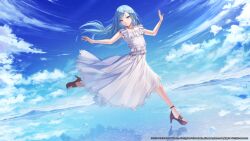  1girl blue_eyes blue_hair blue_sky bolivia brown_shoes closed_mouth clouds commentary company_name copyright_notice dress dvdarts english_commentary frilled_dress frills highres hinomori_shizuku long_hair official_art project_sekai real_world_location reflection salar_de_uyuni second-party_source shoes sky smile solo web_address white_dress 
