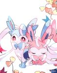  :3 alternate_color animal_focus artist_name blue_bow blue_bowtie bow bowtie closed_eyes commentary_request dot_mouth hanabusaoekaki highres no_humans pink_bow pink_bowtie pokemon pokemon_(creature) red_eyes ribbon shiny_pokemon simple_background sleeping sylveon two-tone_bowtie white_background white_bow white_bowtie white_ribbon 